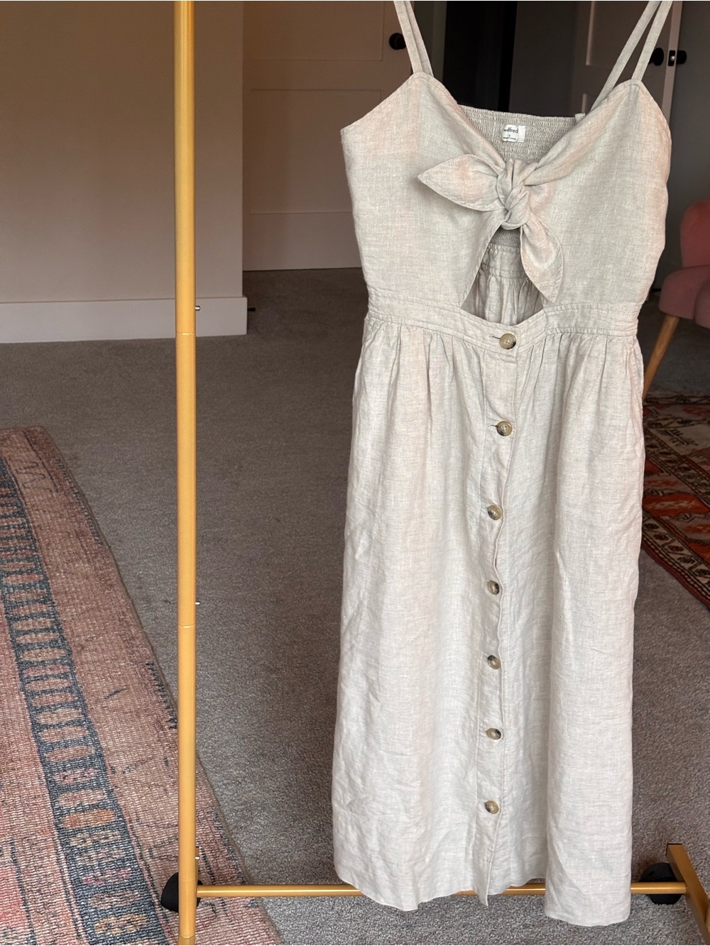 Aritzia Wilfred Tie-Front Linen Midi Dress in Light Grey
